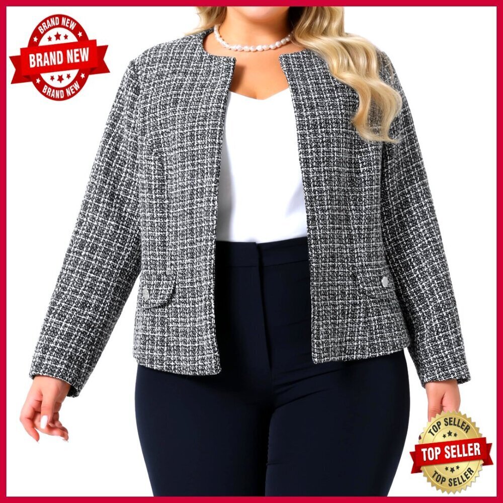 Plus Size Tweed Blazer Collarless Open Front Business Casual Jacket